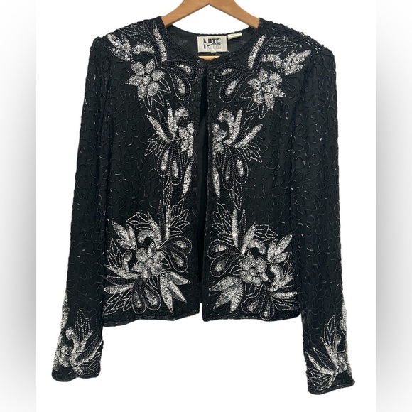 Vintage Niteline Black Silver Silk Sequined Beaded Evening Formal Jacket - S - Picture 1 of 11